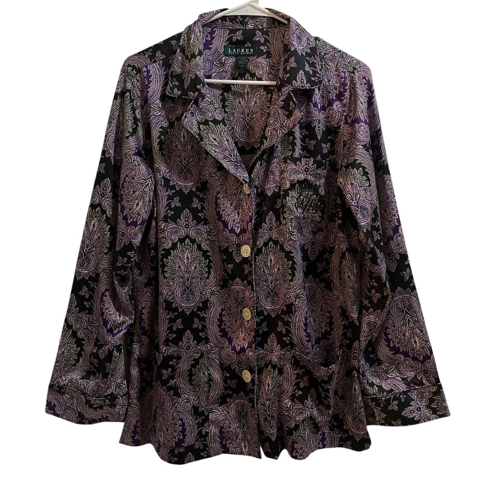 Lauren Ralph Lauren Large Pajama Top Button Down Purple Paisley Floral Satiny